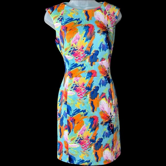 Tahari Arthur S. Levine Dress 4P Watercolor Floral Sheath Wedding Guest - Picture 2 of 10